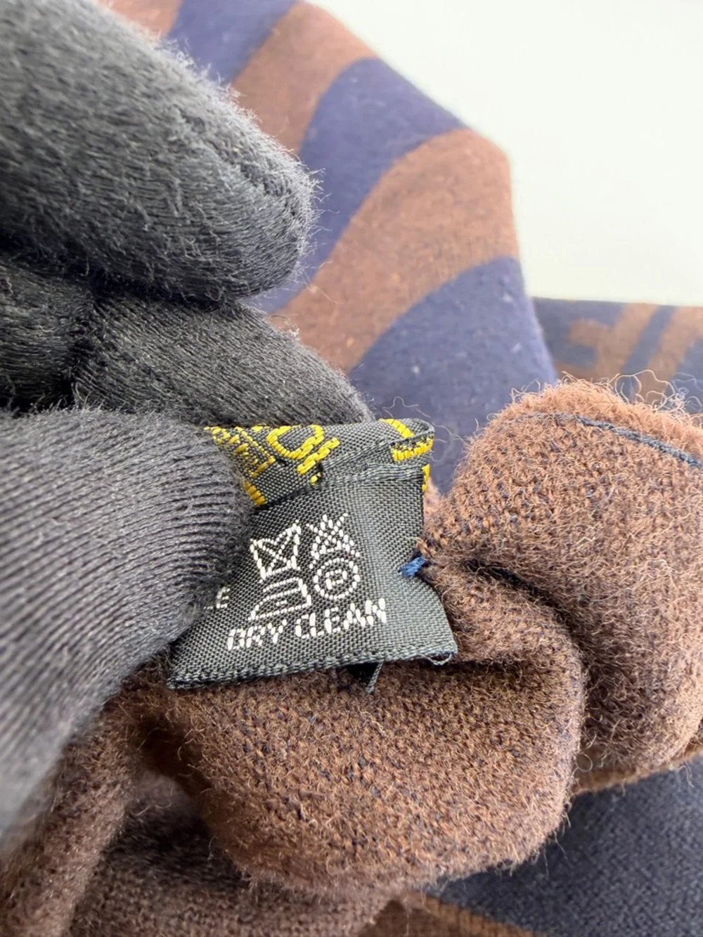 Fendi Brown and Navy Checker Scarf with FF Logo Fringe